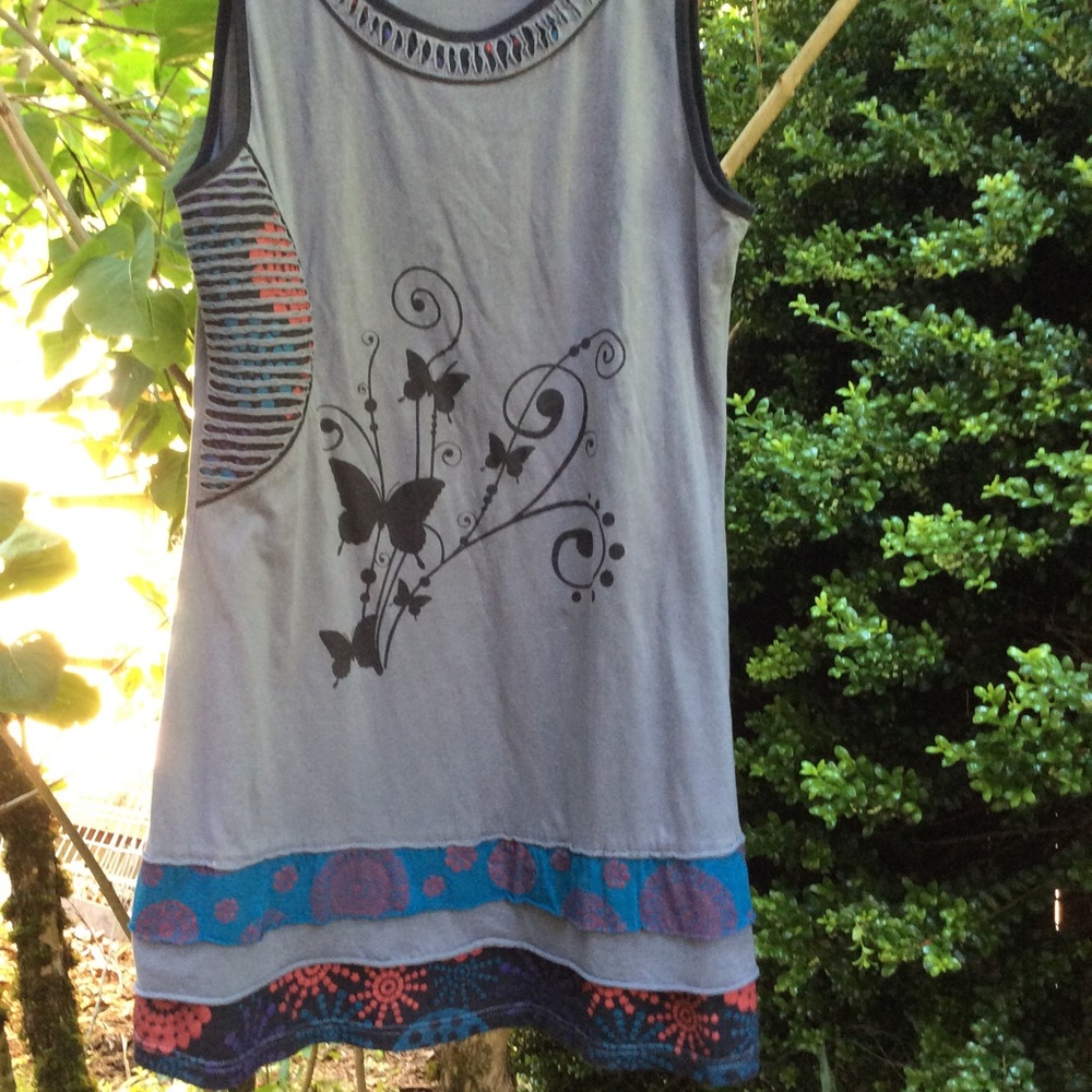 Nepal dress sleeveless gray blue trim one size